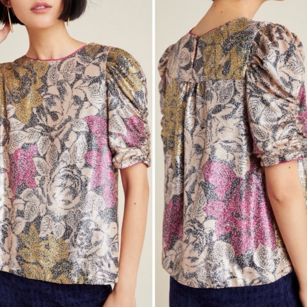Anthropologie Pink and Gold Floral Blouse